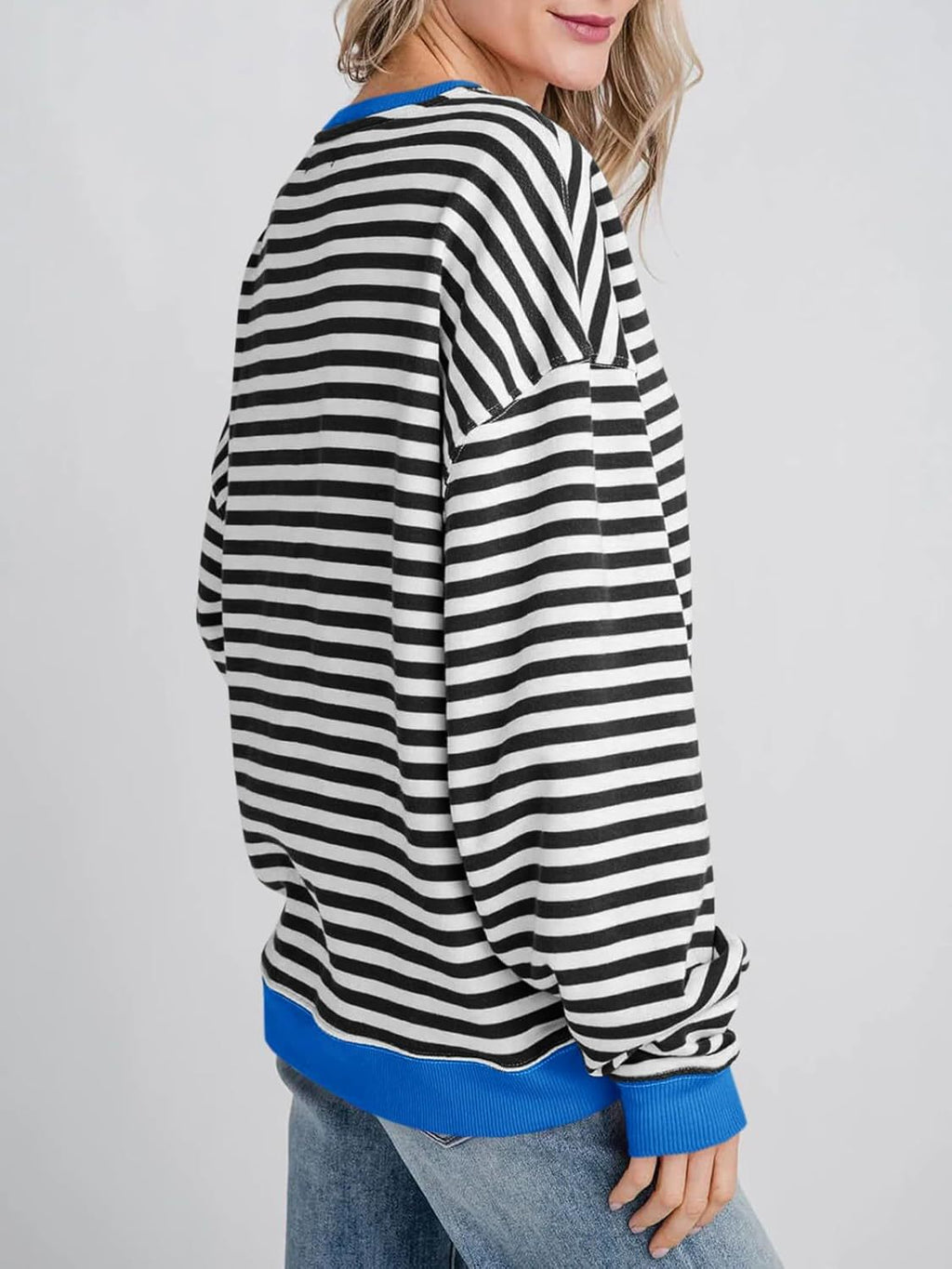 Oversized Striped Sweatshirt With Contrast Rib Trim - Black - 1