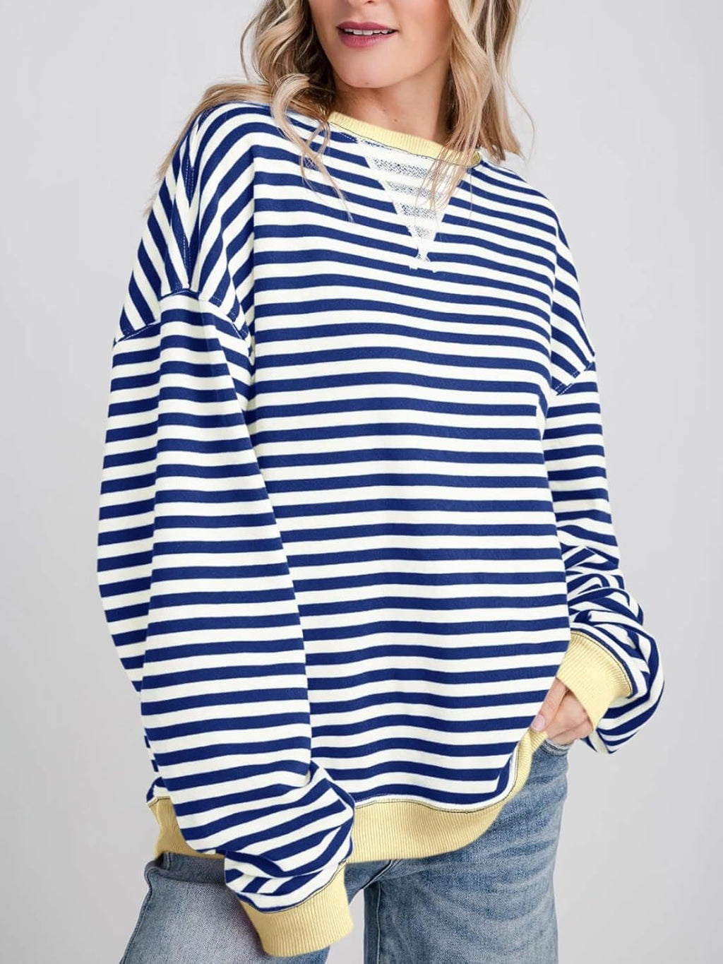 Oversized Striped Sweatshirt With Contrast Rib Trim - Blue