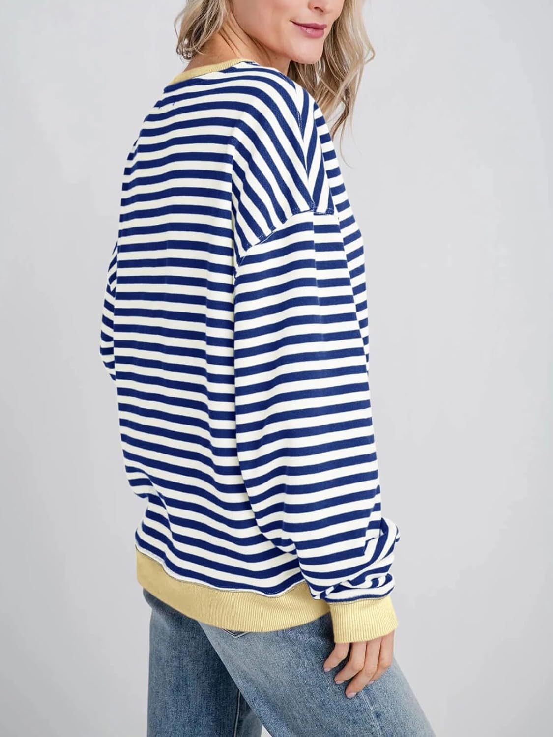 Oversized Striped Sweatshirt With Contrast Rib Trim - Blue - 1