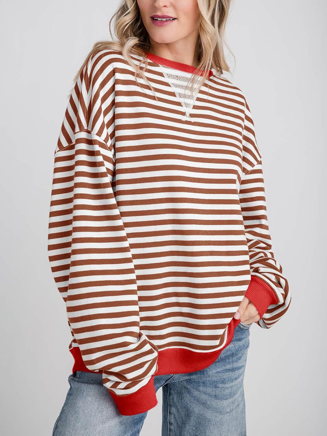 Oversized Striped Sweatshirt With Contrast Rib Trim - Coffee
