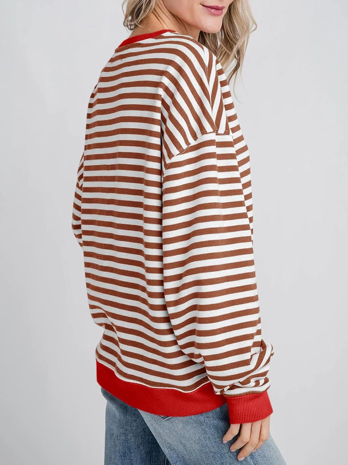 Oversized Striped Sweatshirt With Contrast Rib Trim - Coffee - 1