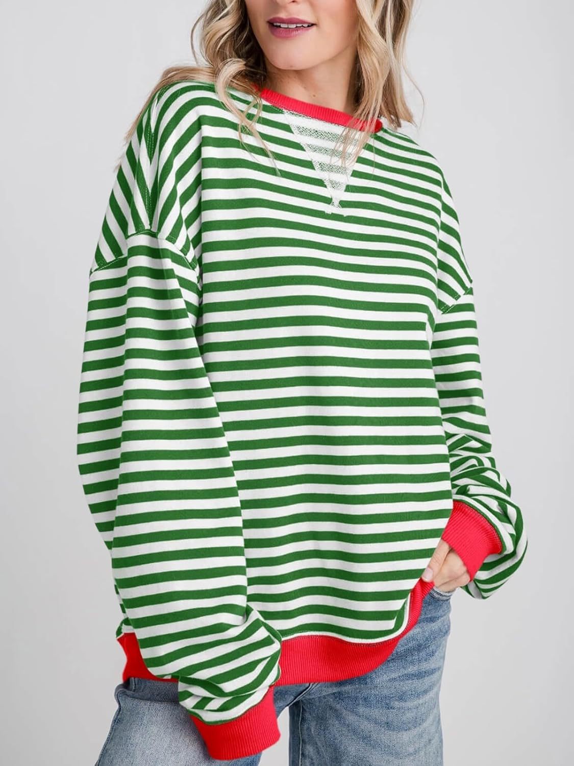 Oversized Striped Sweatshirt With Contrast Rib Trim - Green
