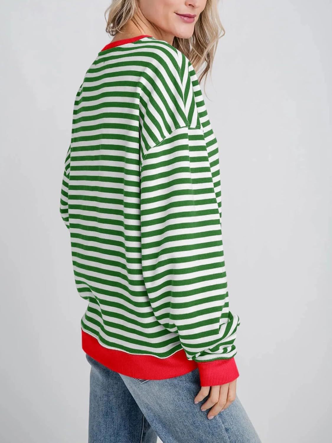 Oversized Striped Sweatshirt With Contrast Rib Trim - Green - 1