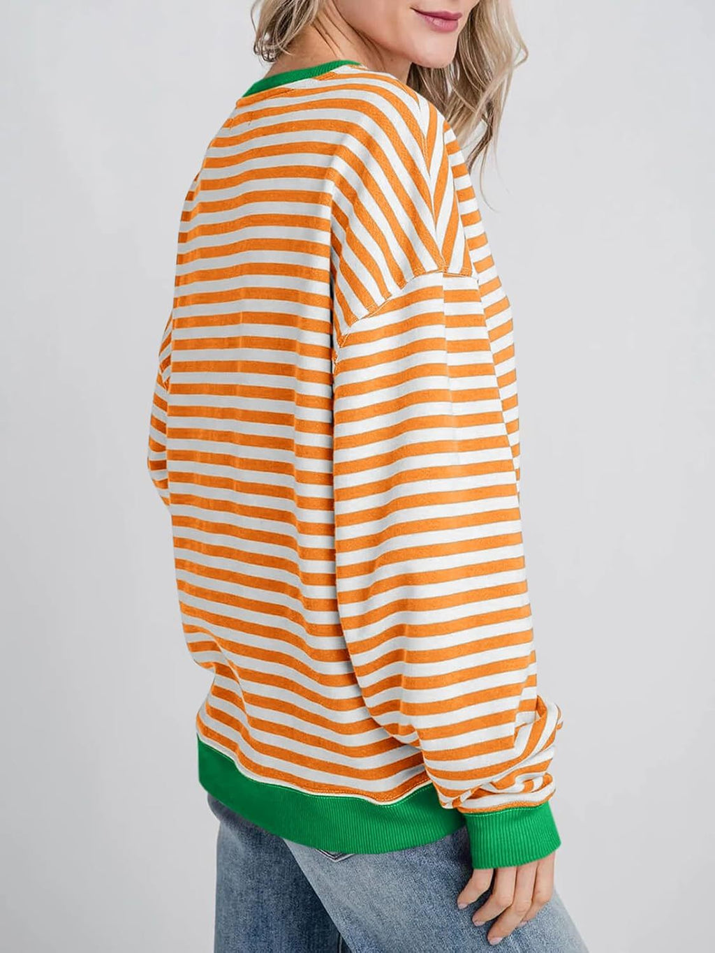 Oversized Striped Sweatshirt With Contrast Rib Trim - Orange - 1