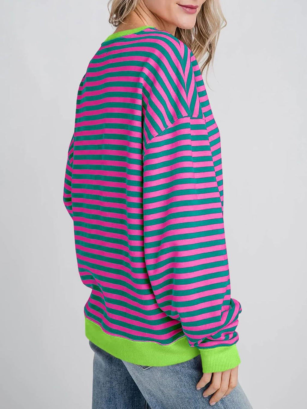Oversized Striped Sweatshirt With Contrast Rib Trim - Pink - 1