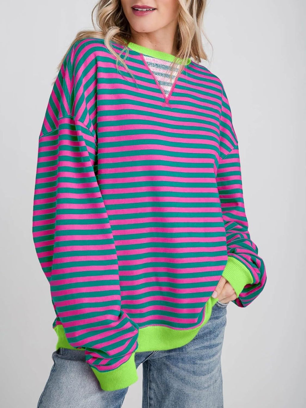 Oversized Striped Sweatshirt With Contrast Rib Trim