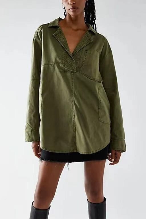 Oversized Denim Popover Tunic Shirt - ArmyGreen