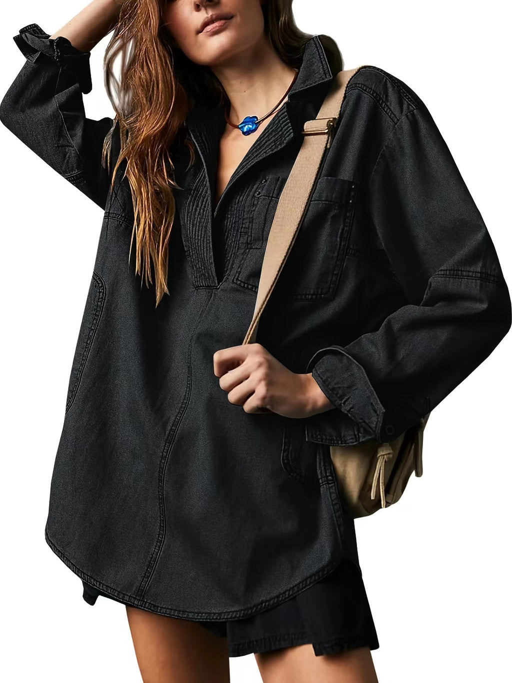 Oversized Denim Popover Tunic Shirt - Black