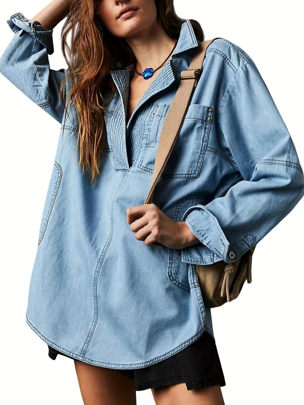 Oversized Denim Popover Tunic Shirt - Blue