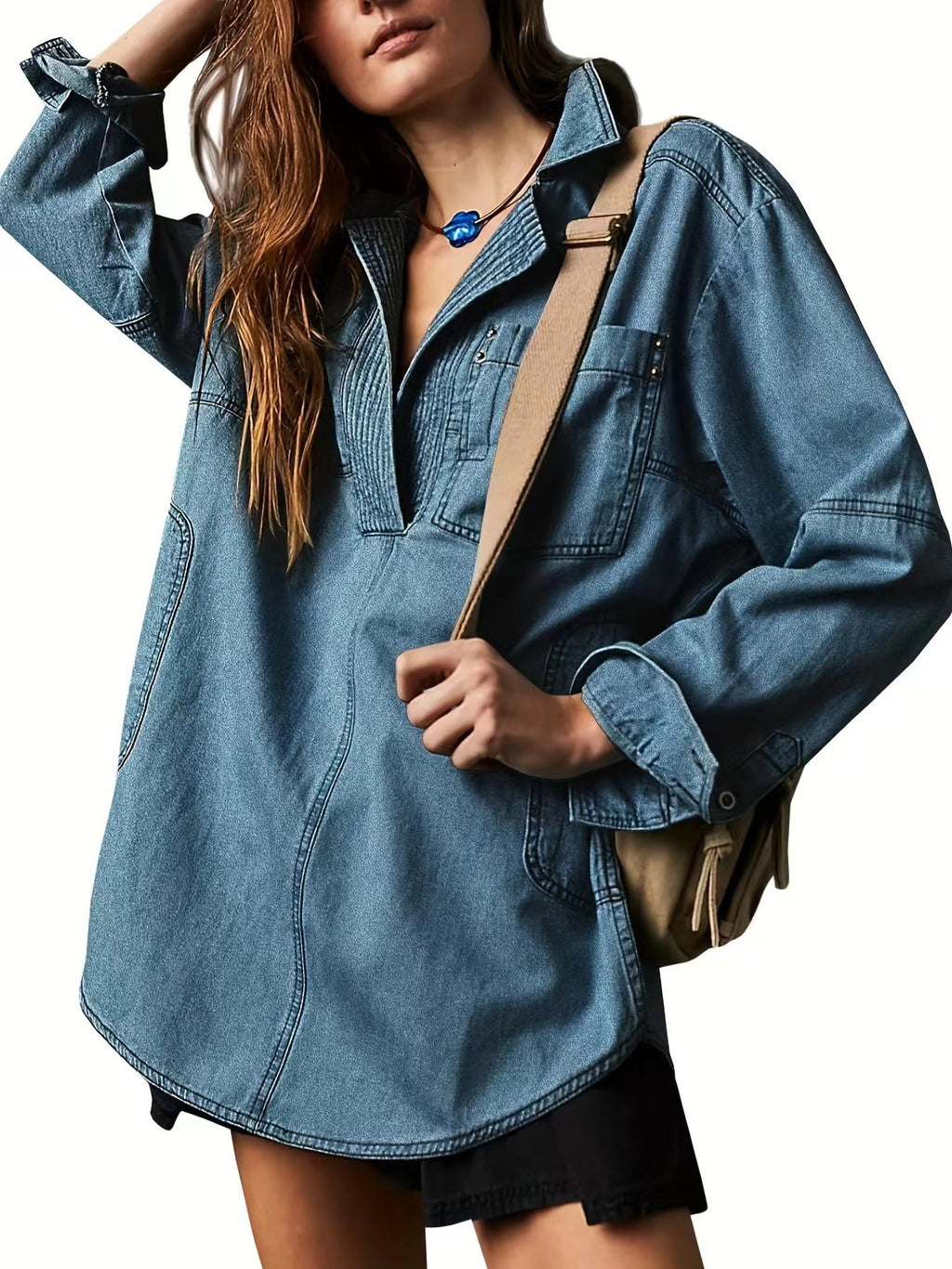 Oversized Denim Popover Tunic Shirt - DarkBlue