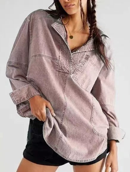 Oversized Denim Popover Tunic Shirt - LightPurple