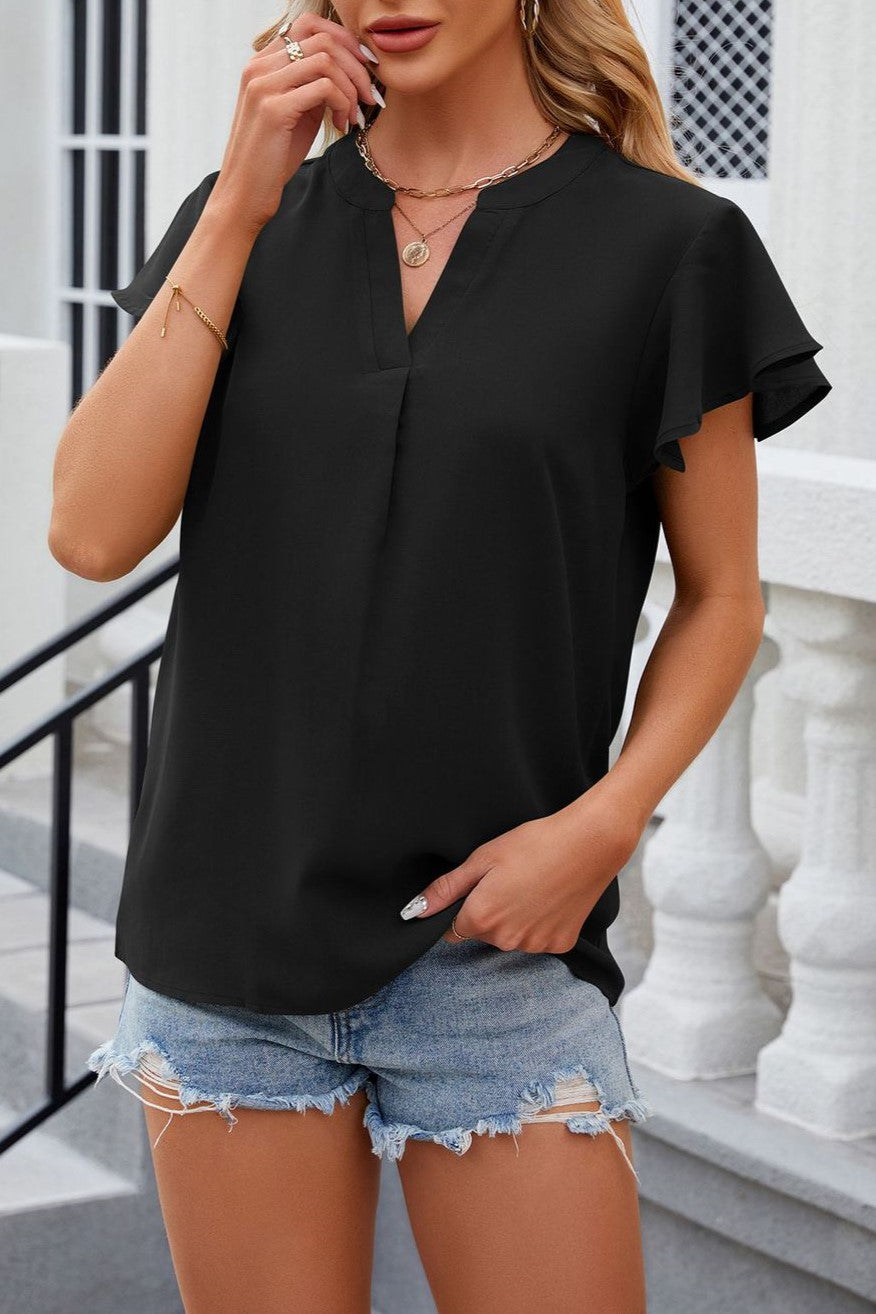 Flutter Sleeve Split Neck Chiffon Blouse - Black - 1