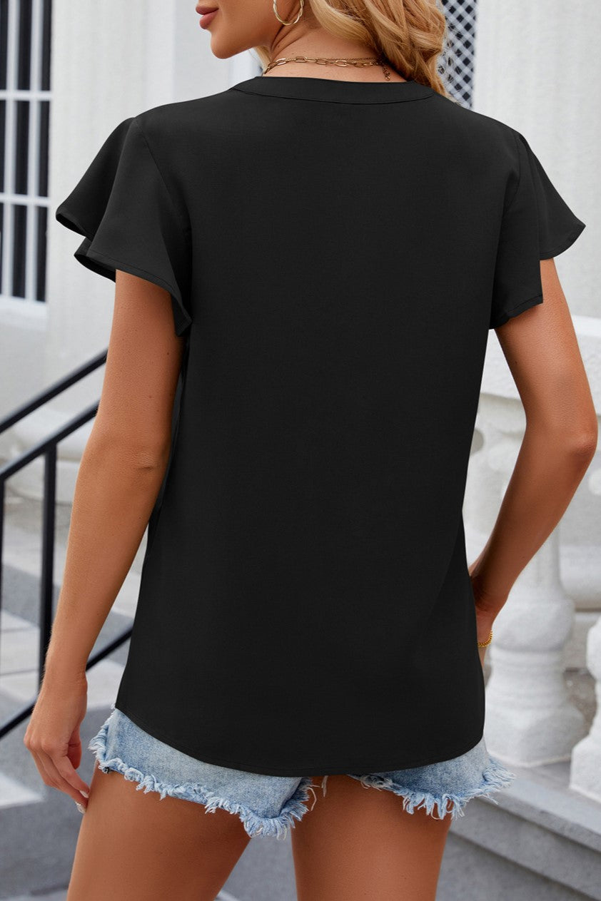 Flutter Sleeve Split Neck Chiffon Blouse - Black - 2