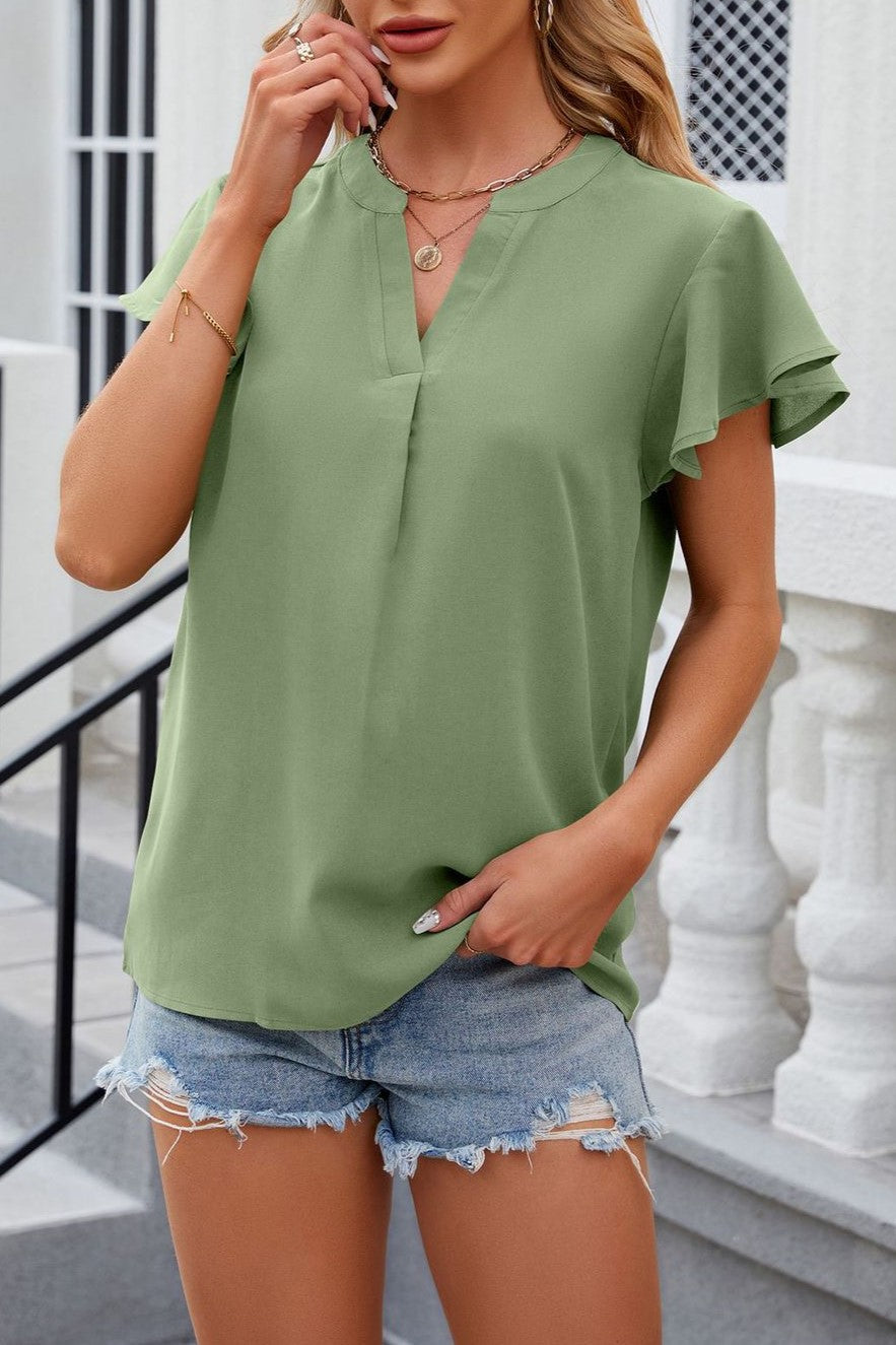 Flutter Sleeve Split Neck Chiffon Blouse - Sage - 2