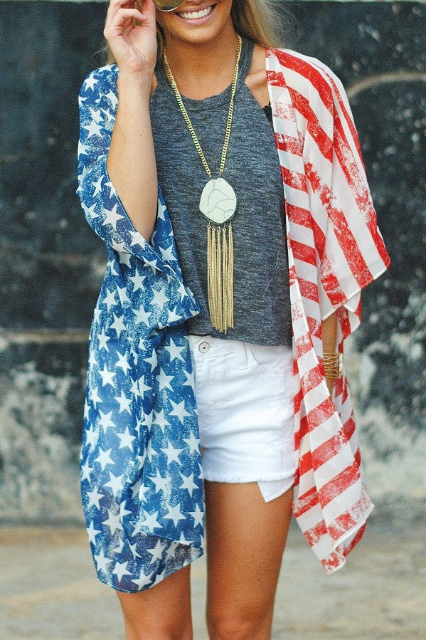 Flag Print Kimono Beach Cover Up - flag