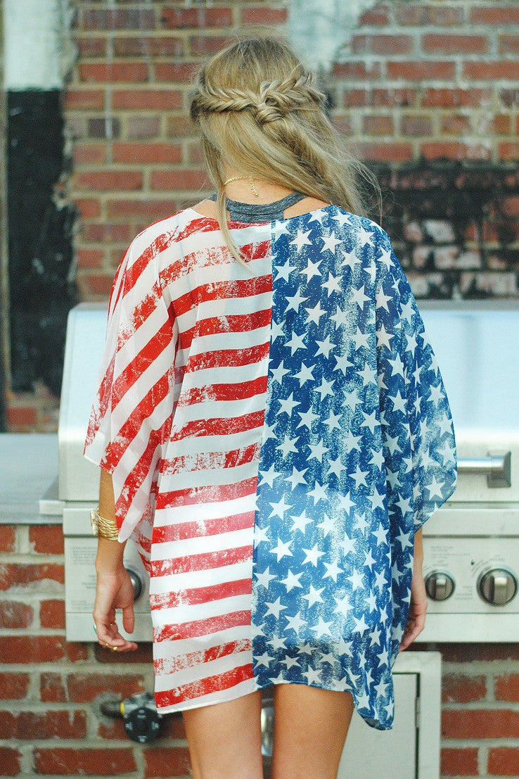 Flag Print Kimono Beach Cover Up - flag - 3