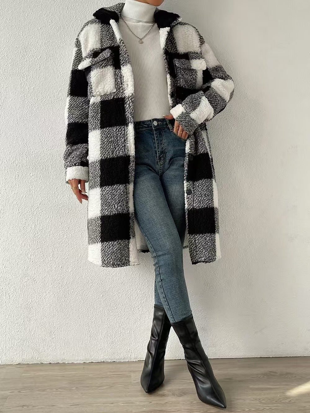 Oversized Buffalo Check Fleece Longline Shacket - Black