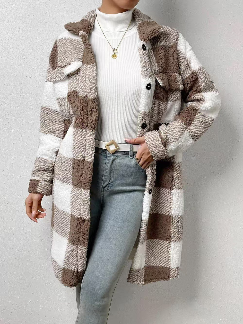 Oversized Buffalo Check Fleece Longline Shacket - Khaki