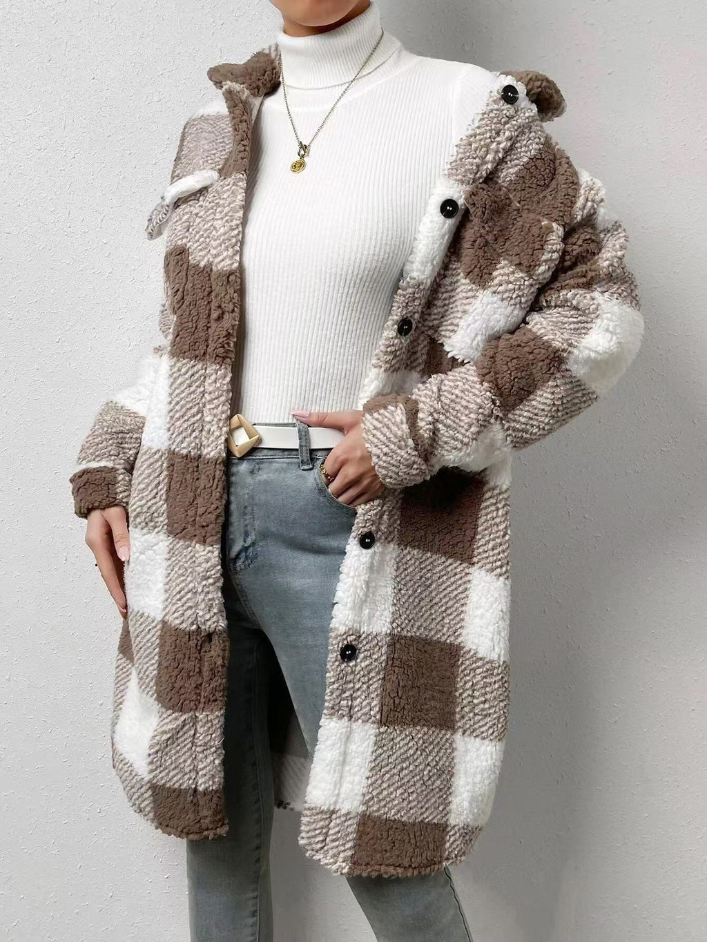 Oversized Buffalo Check Fleece Longline Shacket - Khaki - 1