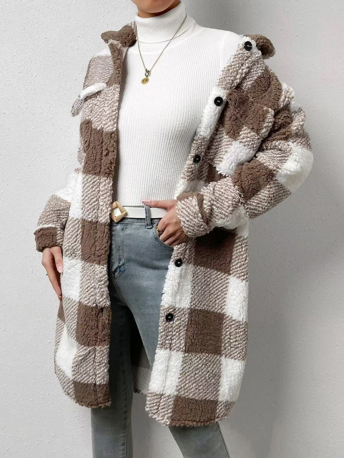Oversized Buffalo Check Fleece Longline Shacket - Khaki - 1