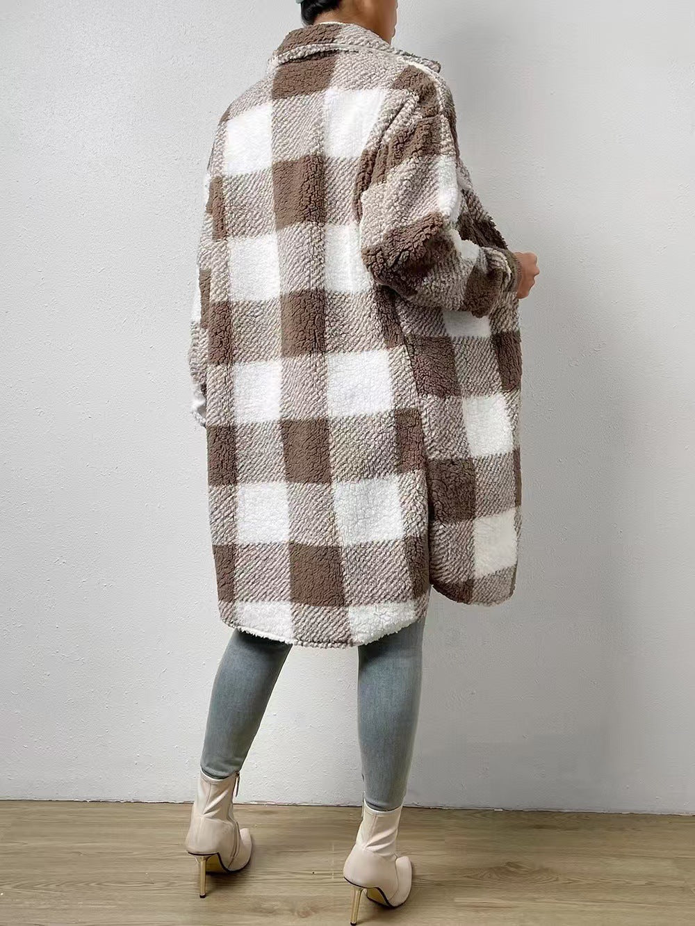 Oversized Buffalo Check Fleece Longline Shacket - Khaki - 2