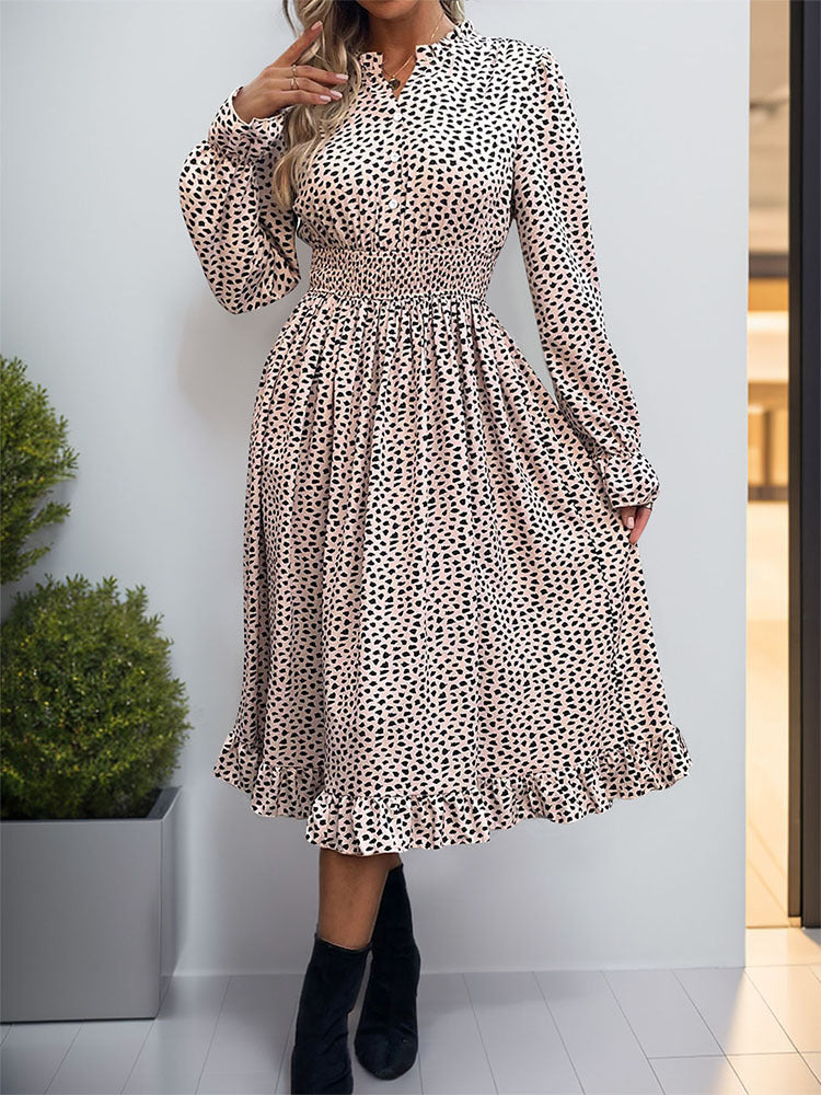 Spot Print Smocked Waist Midi Dress - Khaki