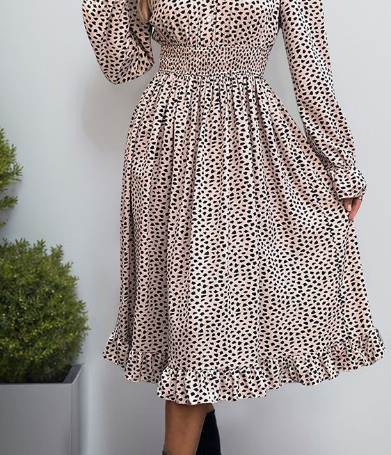 Spot Print Smocked Waist Midi Dress - Khaki - 1