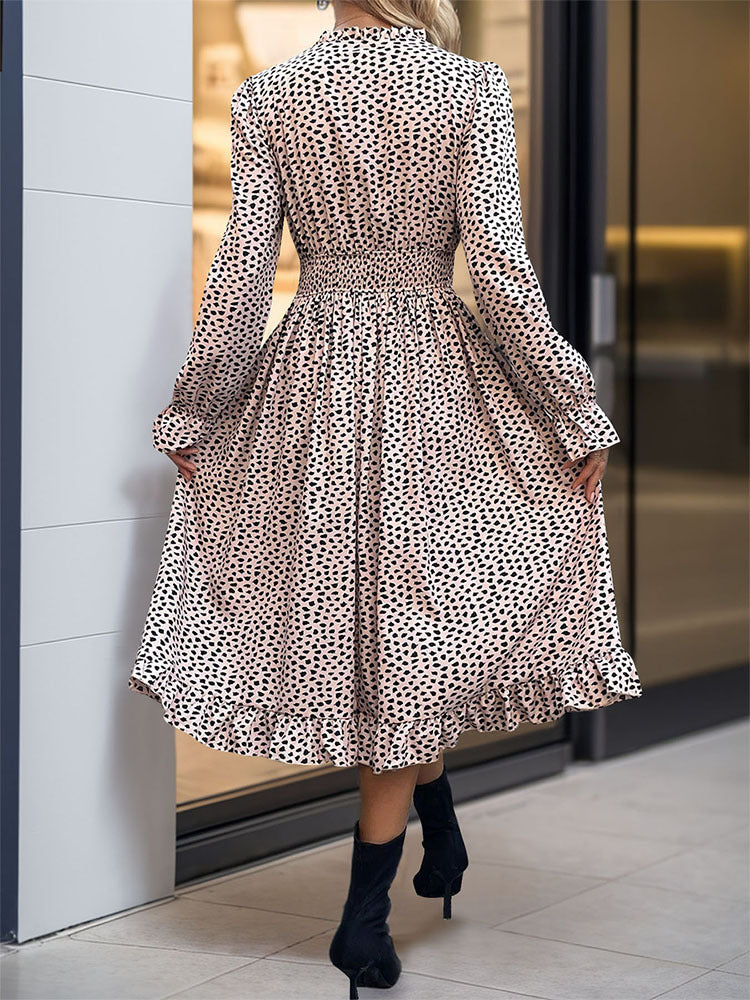 Spot Print Smocked Waist Midi Dress - Khaki - 2