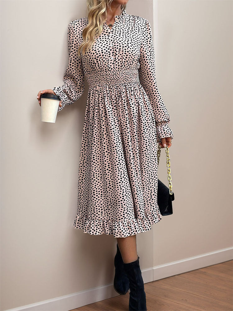 Spot Print Smocked Waist Midi Dress - Khaki - 3