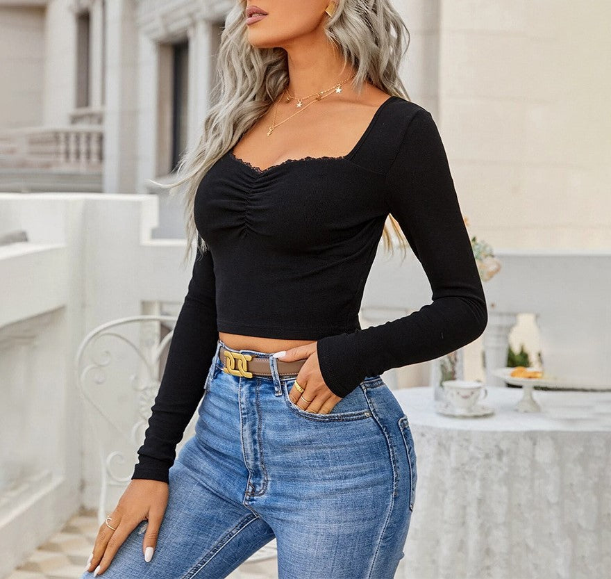Lace Trim Square Neck Cropped Long Sleeve Top - Black - 4