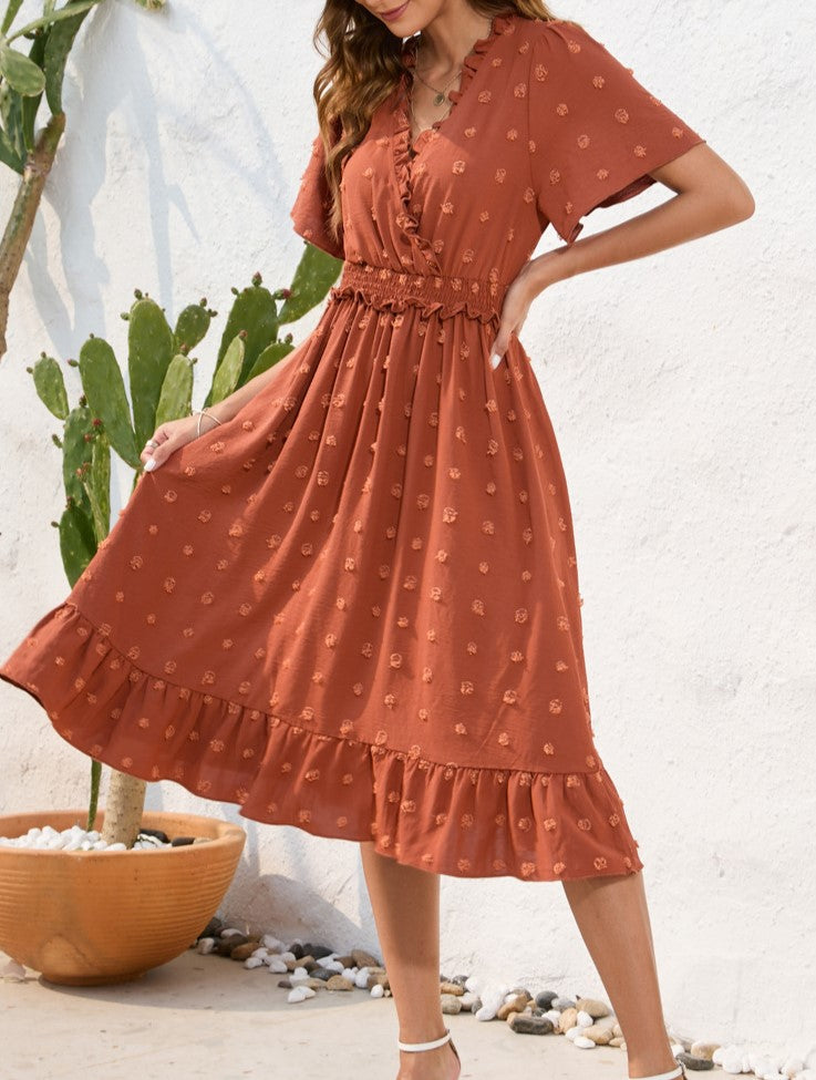 Dobby Dot Ruffle Hem Midi Dress - Brown