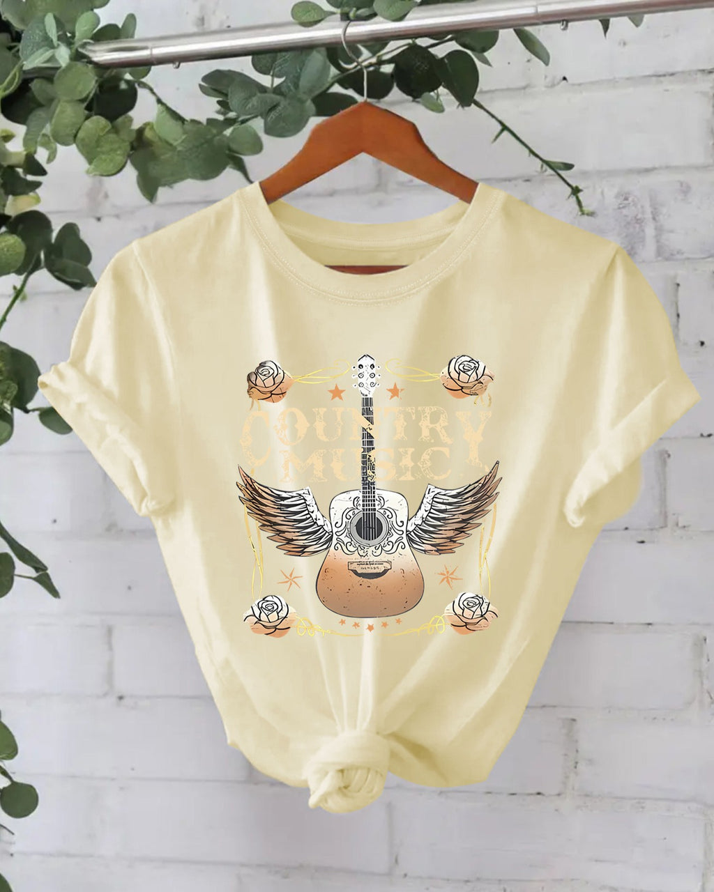 Country Guitar Graphic Crew Neck Tee - Apricot