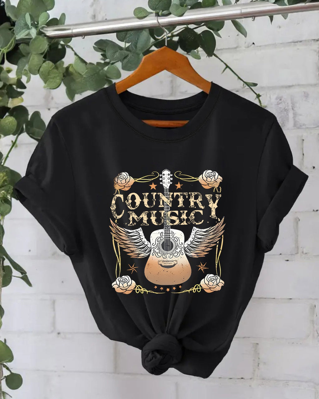 Country Guitar Graphic Crew Neck Tee - Black