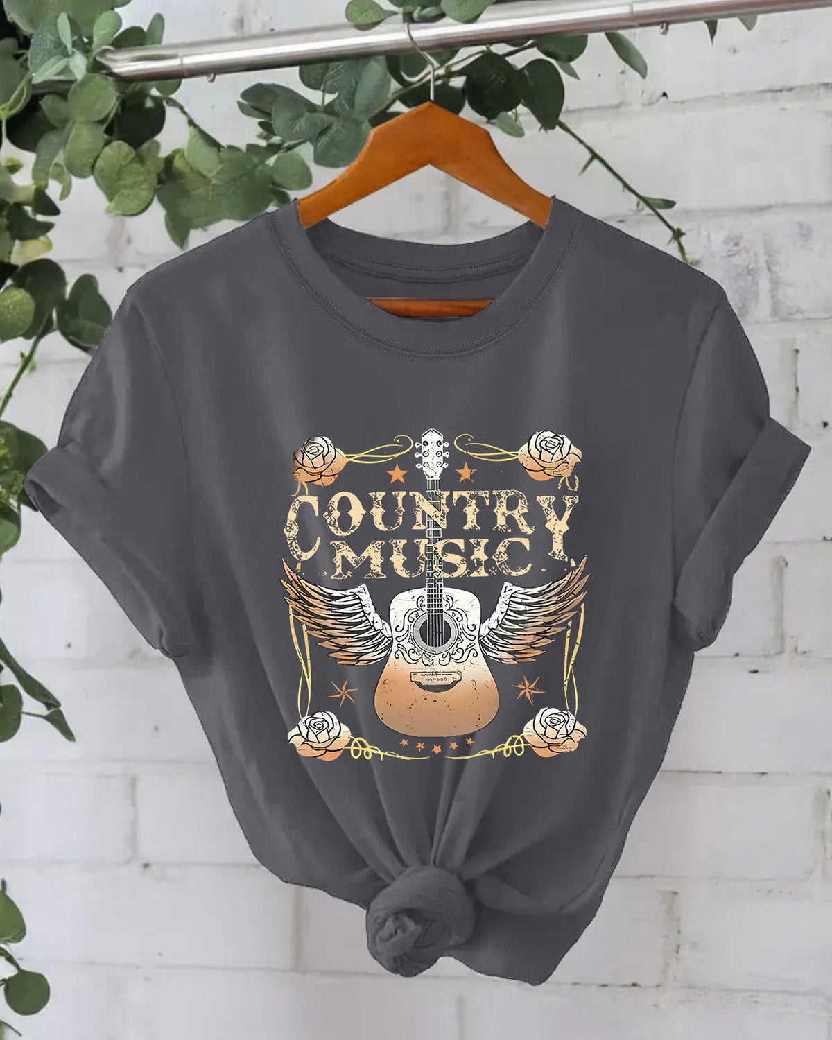 Country Guitar Graphic Crew Neck Tee - Dark-Gray