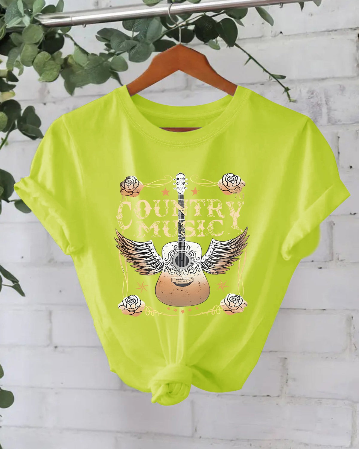 Country Guitar Graphic Crew Neck Tee - Green_1