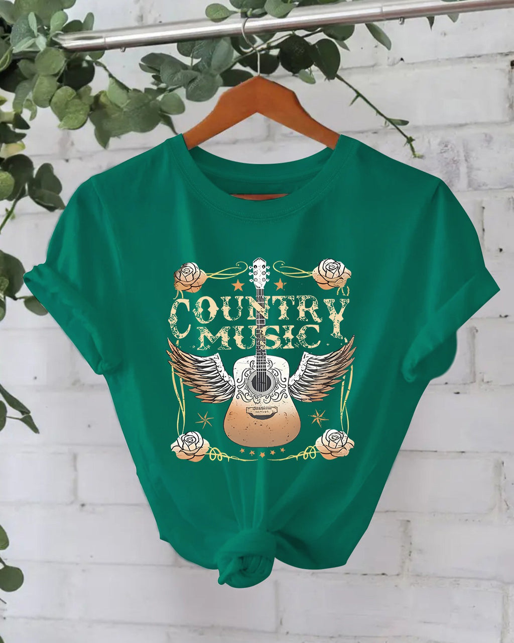 Country Guitar Graphic Crew Neck Tee - Green_2