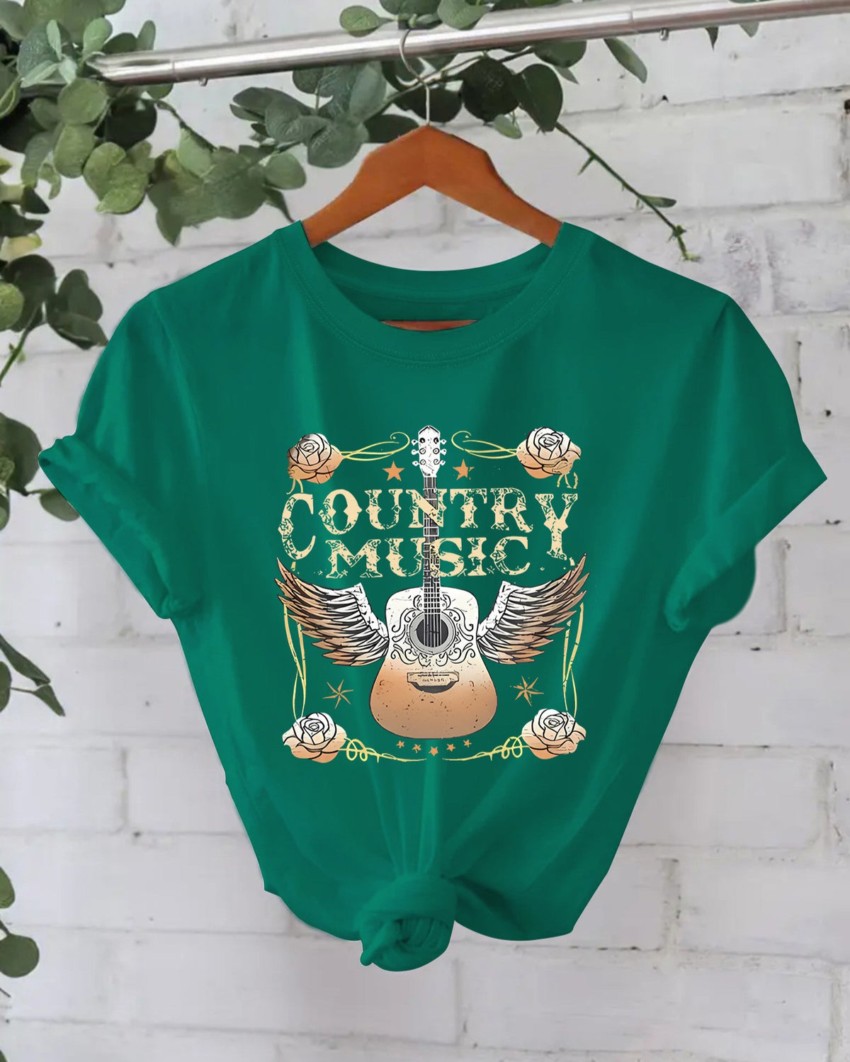 Country Guitar Graphic Crew Neck Tee - Green_2