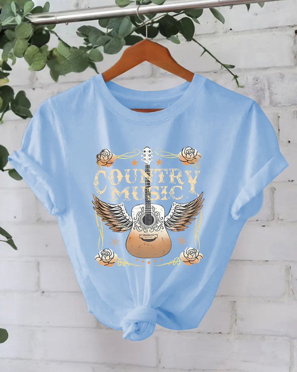 Country Guitar Graphic Crew Neck Tee - Sky-Blue