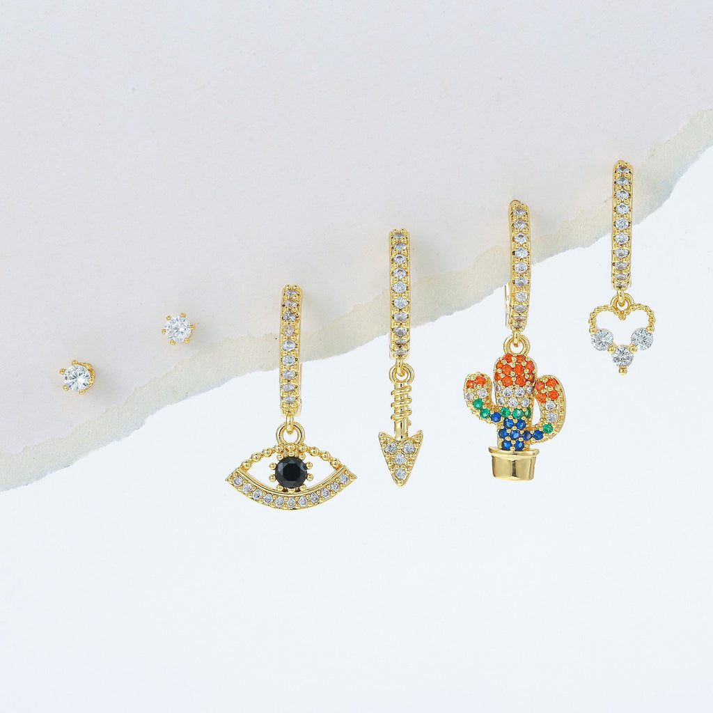 Cactus Evil Eye Charm Huggie Earring Set - Gold