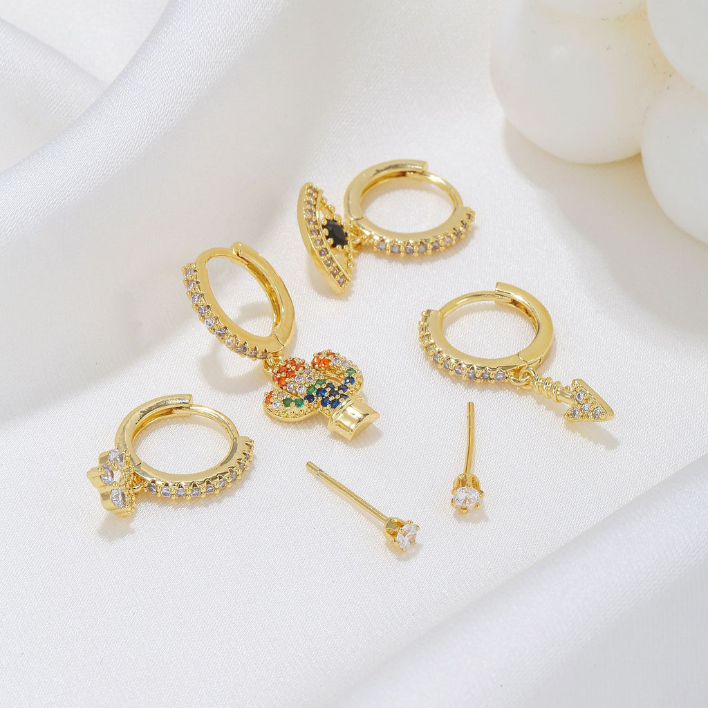 Cactus Evil Eye Charm Huggie Earring Set - Gold - 1