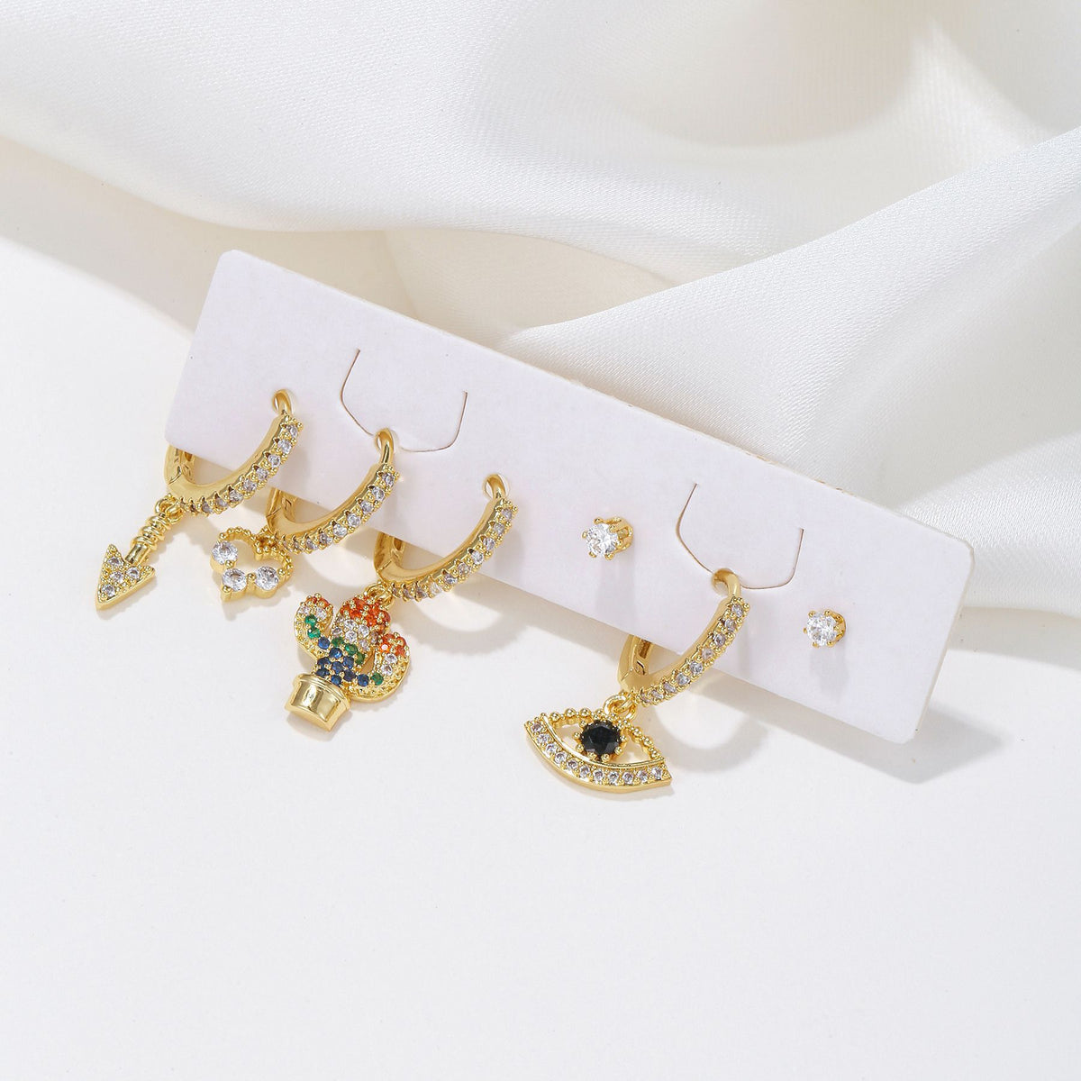 Cactus Evil Eye Charm Huggie Earring Set - Gold - 2