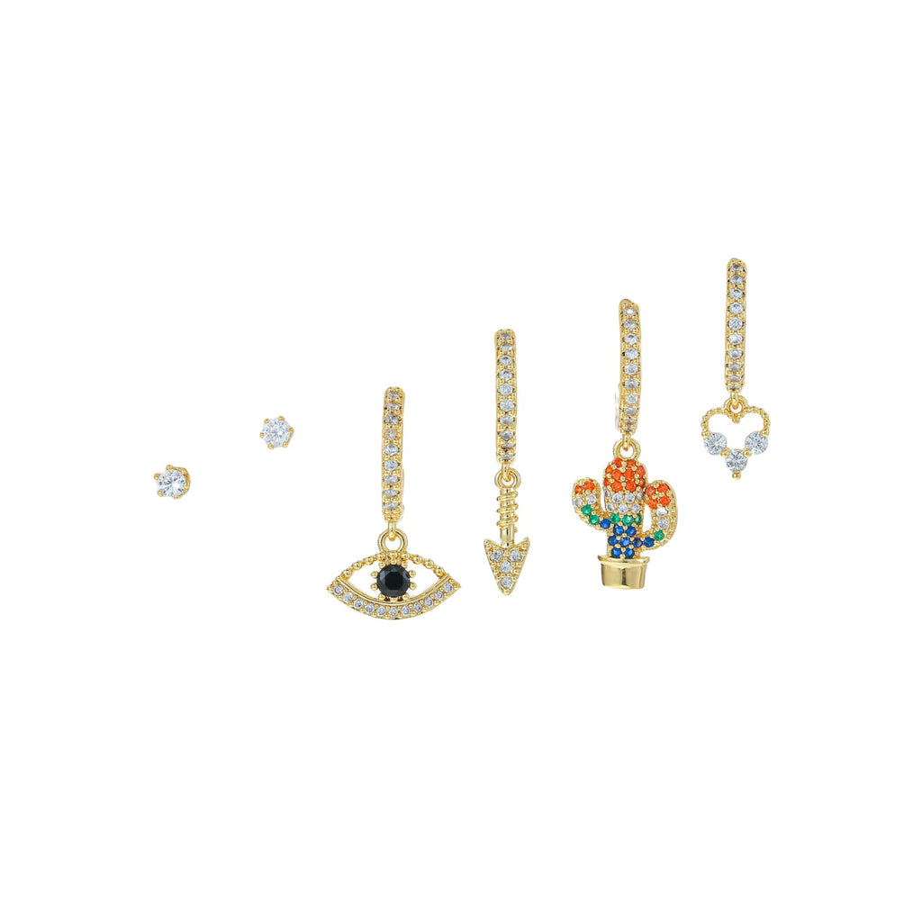 Cactus Evil Eye Charm Huggie Earring Set - Gold - 3