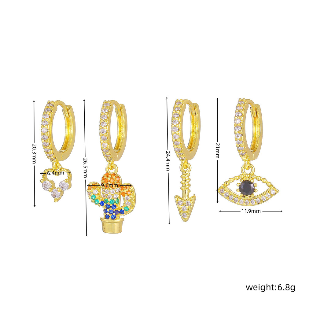 Cactus Evil Eye Charm Huggie Earring Set - Gold - 4