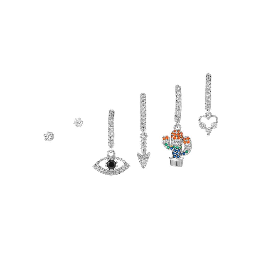 Cactus Evil Eye Charm Huggie Earring Set - White