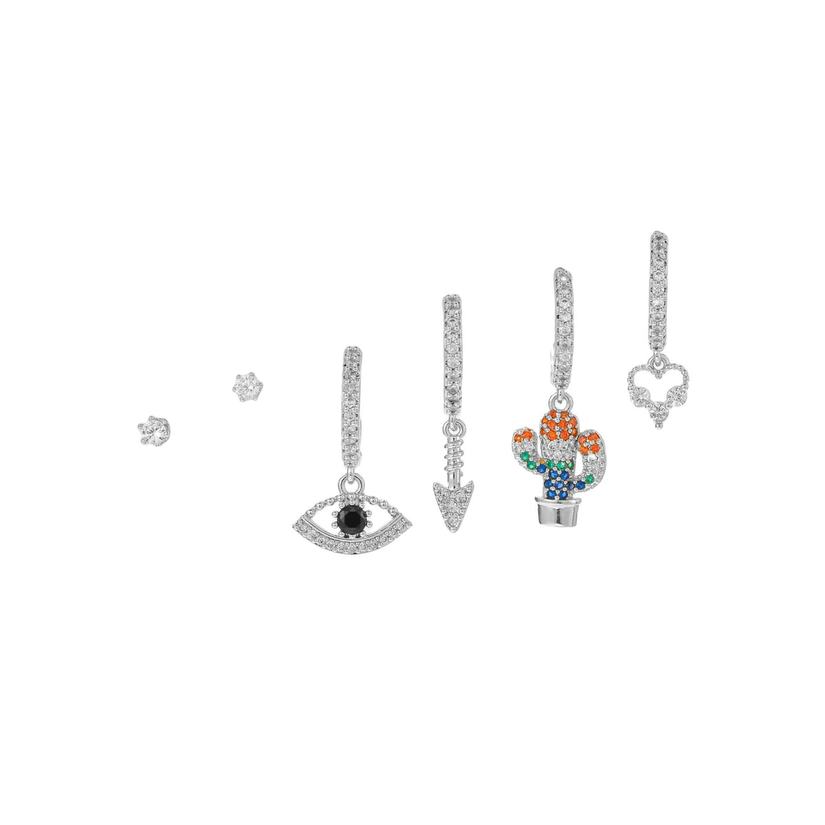 Cactus Evil Eye Charm Huggie Earring Set - White