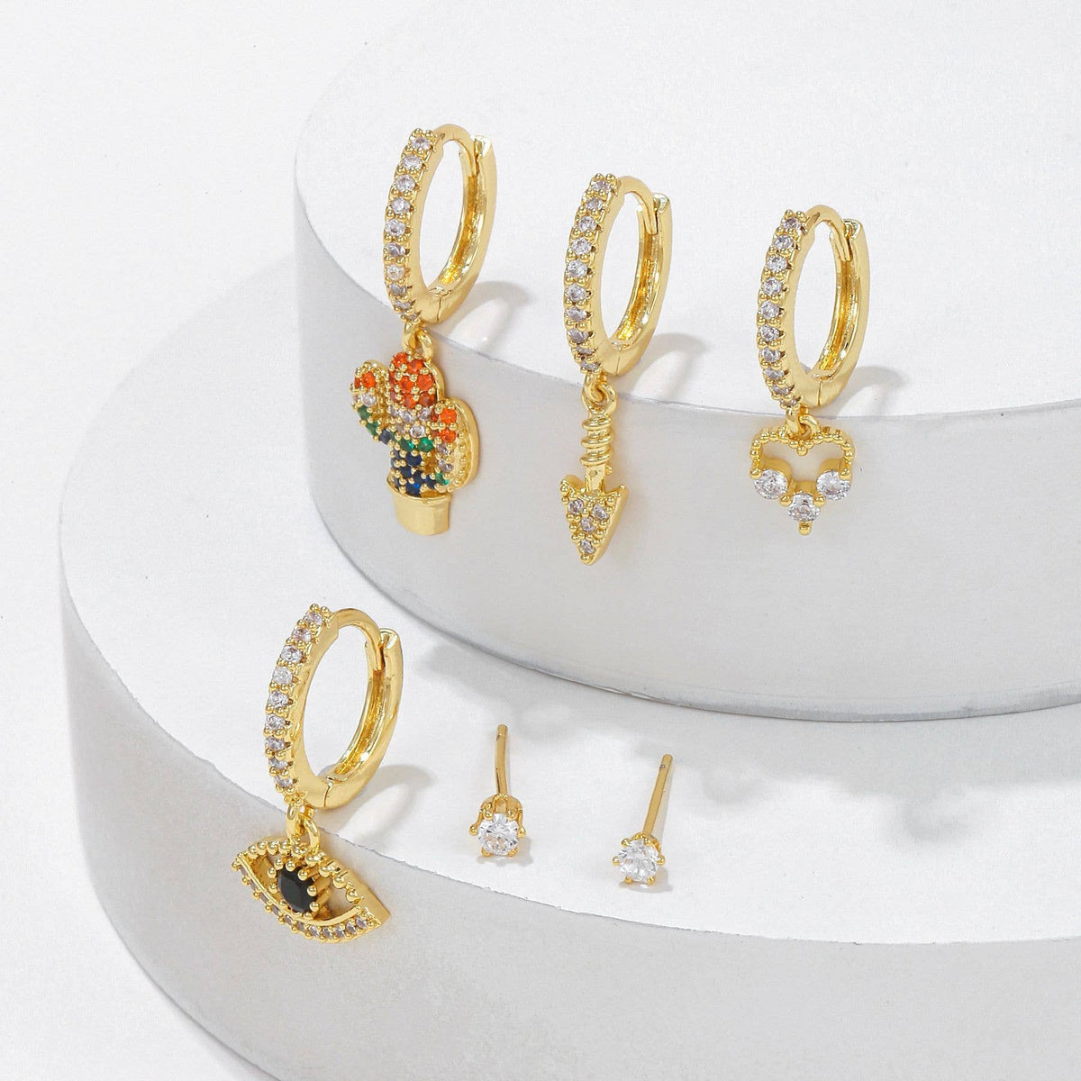 Cactus Evil Eye Charm Huggie Earring Set