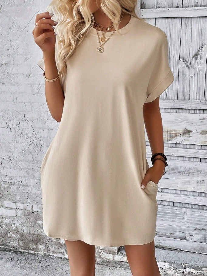 Rolled Cuff Pocket Mini T Shirt Dress - Apricot