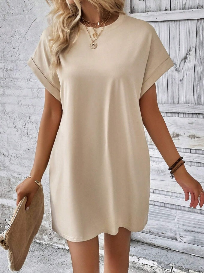 Rolled Cuff Pocket Mini T Shirt Dress - Apricot - 1
