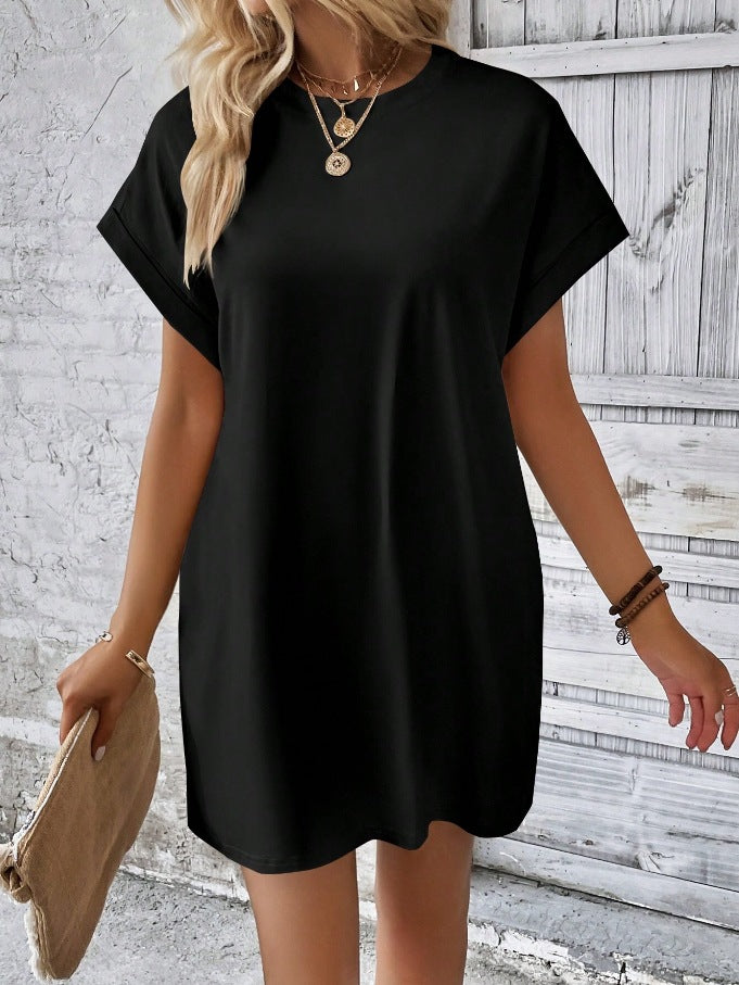 Rolled Cuff Pocket Mini T Shirt Dress - Black