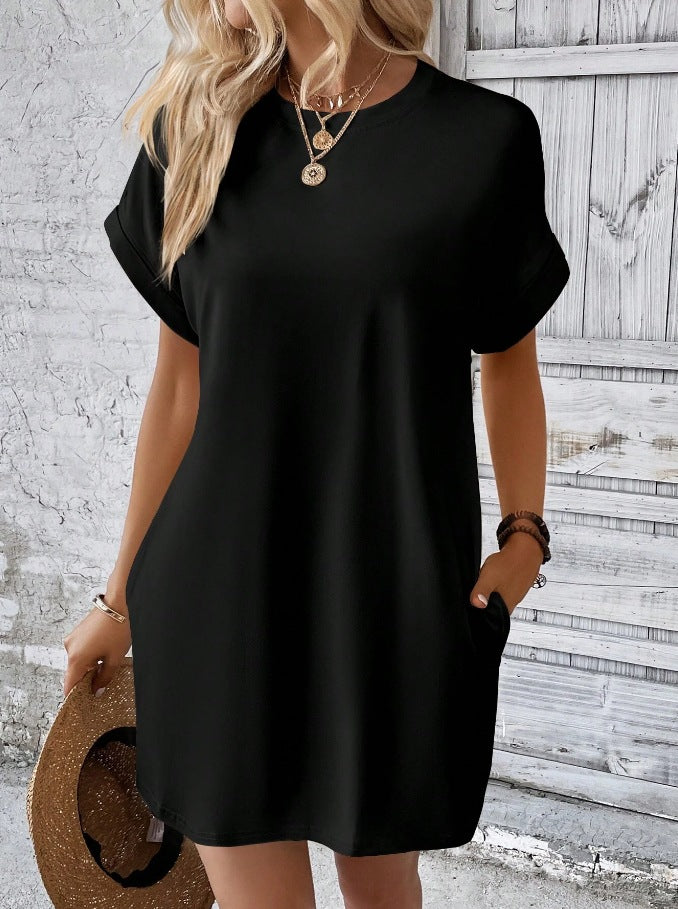 Rolled Cuff Pocket Mini T Shirt Dress - Black - 1